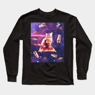 Space Cat Eating Pizza - Rainbow Laser Eyes, Burrito Long Sleeve T-Shirt